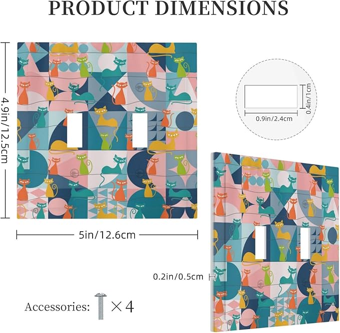 Mid Century Modern Atomic Cute Cats Double Toggle Light Switch Covers 2 Gang Wall Plate Dual Decorative Switchplate Electrical Faceplate for Kidroom Nursery Bedroom Decor