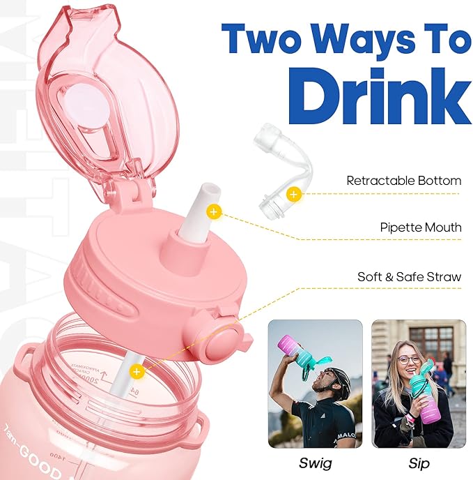 Water Bottles 1 / Half Gallon with Time Marker and Straw, Large Fitness Sports Motivational Bottle, Wide Mouth Leakproof and BPA Free for Travel, Gym,office,school