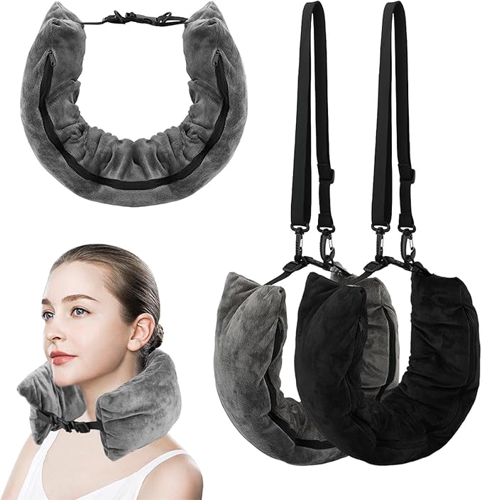 Stuffable Travel Pillow for Extra Luggage, Velvet Travel Neck Pillow with Adjustable Neck Siz, Stuffable Neck Pillow with Clothes, Multifunctional Sleeping Rest Cushion(2Pack)