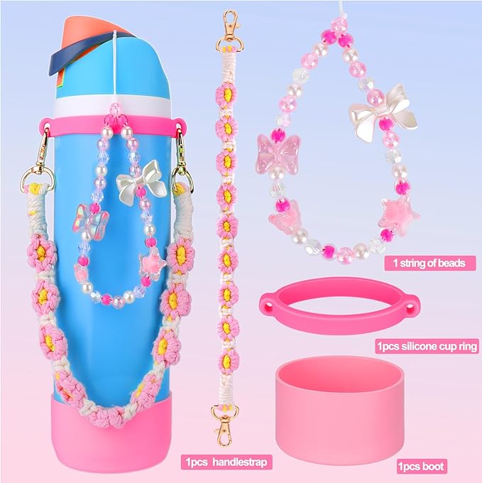 Mity rain Water Bottle Accessories Set for Owala, Including Water Bottle Handle Strap, Charms,Bohemian Style Personality and Easy to Carry (Pink, 24oz)