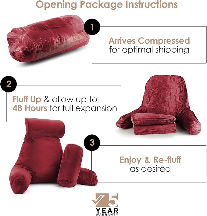 Nestl Reading Pillow Large Bed Pillow, Back Pillow for Sitting in Bed Shredded Memory Foam Chair Pillow, Reading & Bed Rest Pillows Red Back Pillow for Bed, Bed Chair Arm Pillow with Pockets