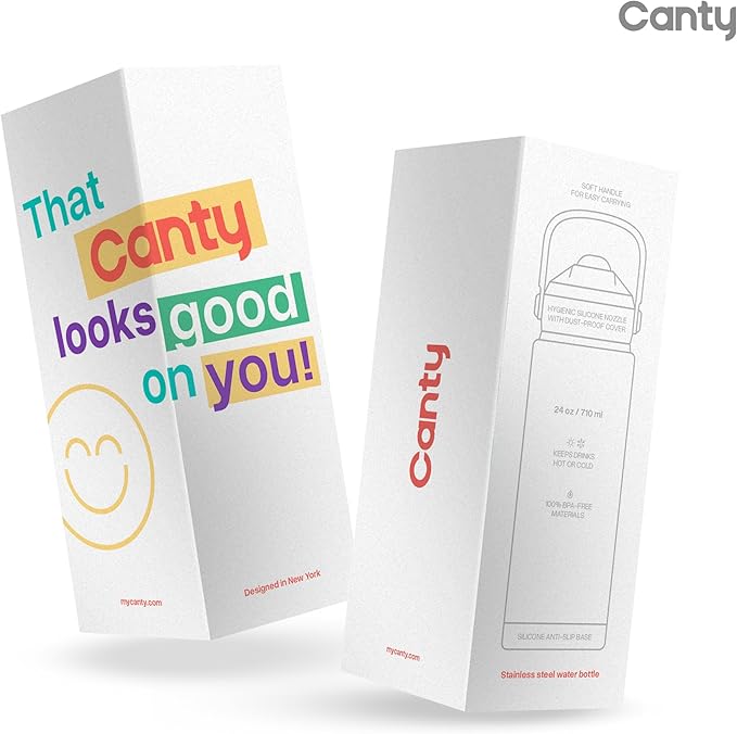 Canty Stainless Steel Water Bottle with Straw, Anti-Slip Base and Giftable Full Colored Box, Great for Travel (Onyx Black, 24 Oz)