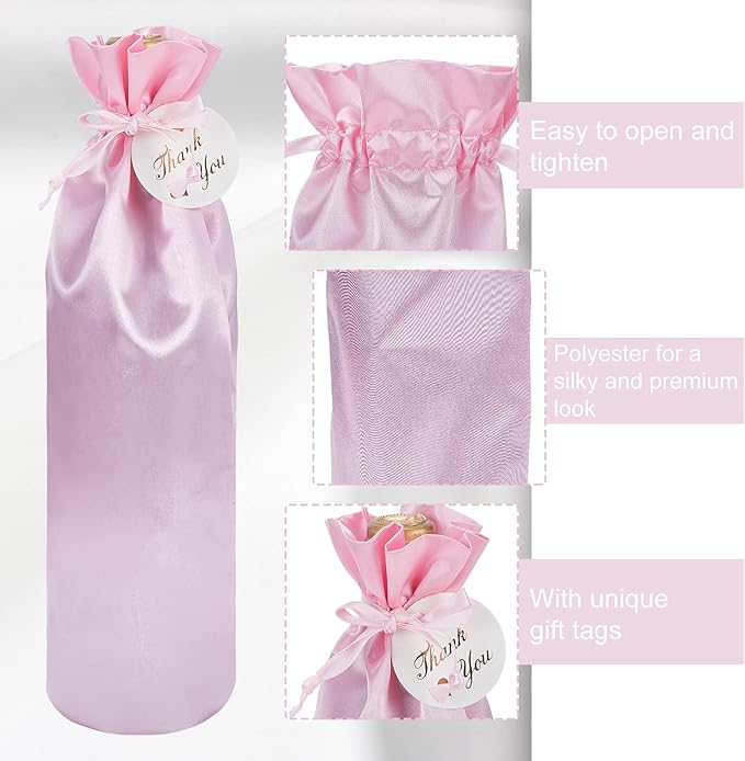 PLIGREAT 20 Pcs Satin Wine Bags Pink Wine Gift Bags with Drawstrings and Tags, Wine Bottle Bags Reusable Covers for Wedding, Birthday, Dinner Party, Christmas Congrats Gift Bags, Wine Wrapping Bags