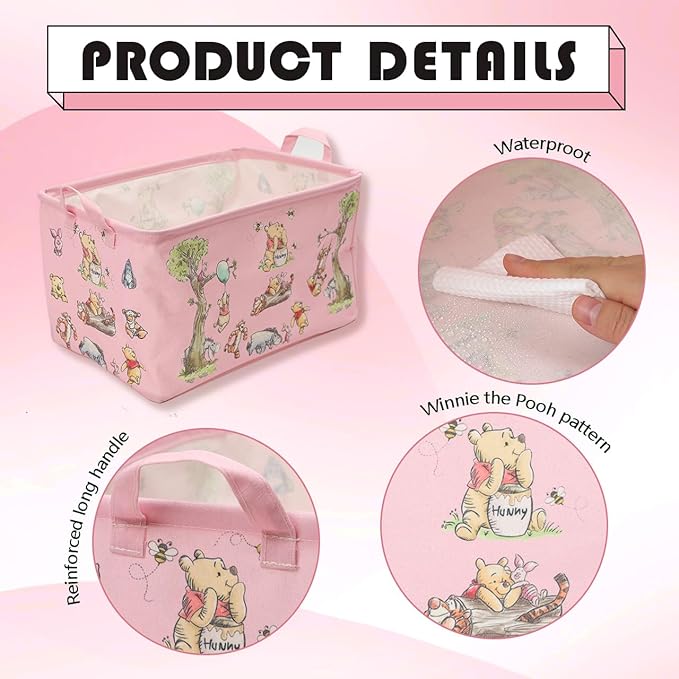 Winnie Storage Nursery Basket, Large Square Canvas Laundry Hamper With A Waterproof PE Coating, Foldable,Bathroom and Bedroom Set, Clothes ,Toys Bin, baby Nursery Hamper Decor(Pink)