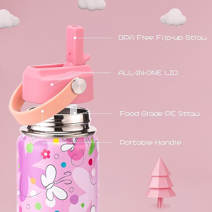 Kids Insulated Water Bottle, 2 Pack 12oz Butterflies Water Bottles Bulk with Flip Straw & Big Handle, Gifts for Kids Girls to School Travel Sports, Hands Wash Only, Purple & Pink