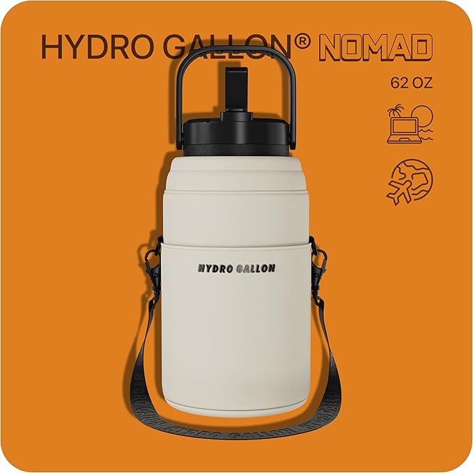Hydro Gallon® Nomad - Insulated 64oz Half Gallon Water Bottle Jug with Sleeve, Straw Lid, Handle, Strap, Pockets. Large Stainless Steel Metal Gym Thermos. Wide mouth, Leakproof, BPA free. 62oz (Beige)