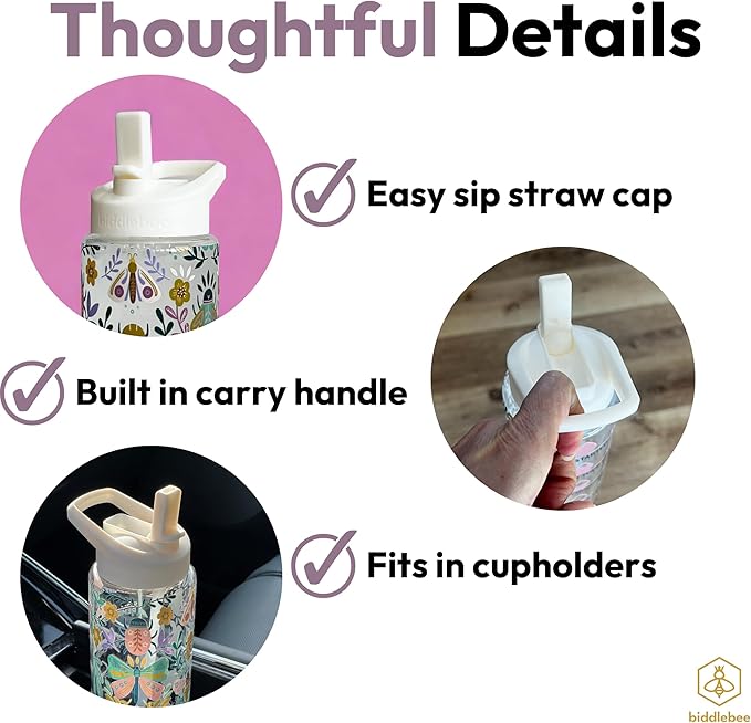 Biddlebee 32oz. Hydration Tracker Water Bottles with Times To Drink | Big Motivational Water Bottle with Time Marker, Straw Lid, & Measurements | BPA-Free (Garden Insects)