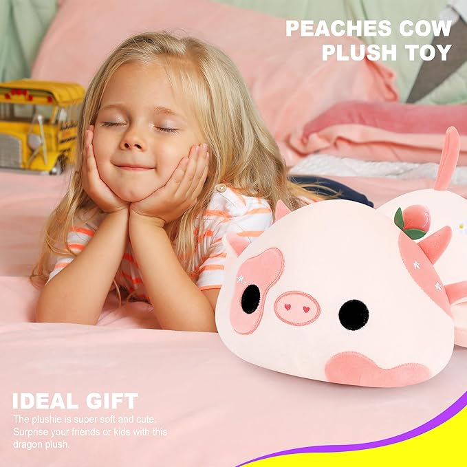Onsoyours Cute Cow Plushie, Soft Stuffed Peach Cow Squishy Plush Animal Toy Flower Cow Pillow for Kids (Peach Cow, 12")