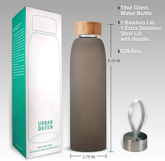 Urban Green Glass Water Bottle with Protective Silicone Sleeve and Bamboo Lid, 18oz, 1extra 304 Stainless Steel Lid with Handle, BPA Free, Dishwasher Safe, Gift Box, Father's day gift