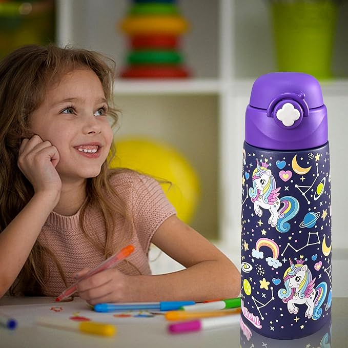 Kids Insulated Water Bottle with Covered Pop-Up Straw,16oz Kids Cups with Stainless Steel Leak Proof for School Boys Girls（Purple Unicorn-2）