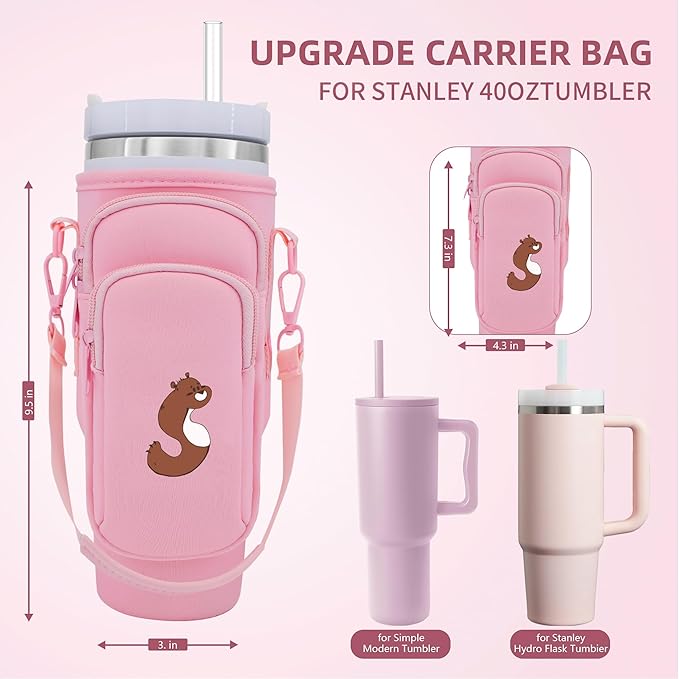 Water Bottle Carrier Bag for Stanley Cup Accessories, for Stanley Tumbler 40 Oz with Handle Holder Bag with Strap Neoprene Bollus with Straw, Straw Cover, Carabiner (Off White)