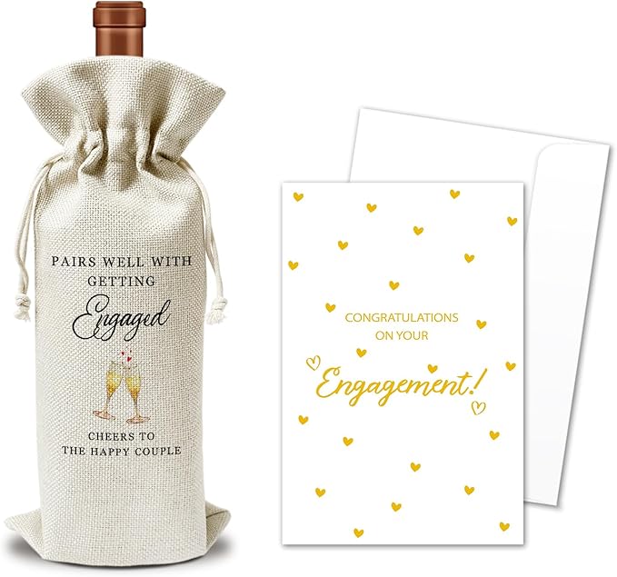 Engagement Wine Gift Bags & Card, Bridal Shower Gift Wedding Gifts for Bride Groom Newlyweds Newly Engaged Couples, 1 pcs Reusable Burlap Wine Gift Bags for Wine Bottles, Wedding Party Favor -06