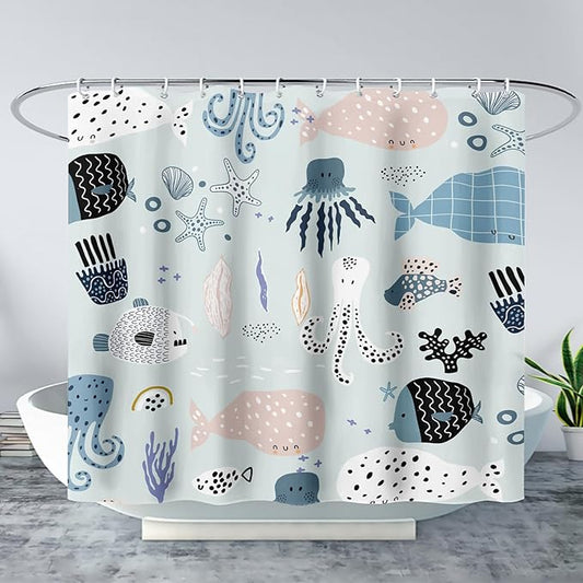 AILONEN Cartoon Ocean Life Shower Curtain for Kids 60" W*72" H Inch,Kawaii Fish Whales Octopuses Pattern Shower Curtain,Ocean Life Theme 12 Pack Hooks Polyester Waterproof Fabric Decor for Bathroom