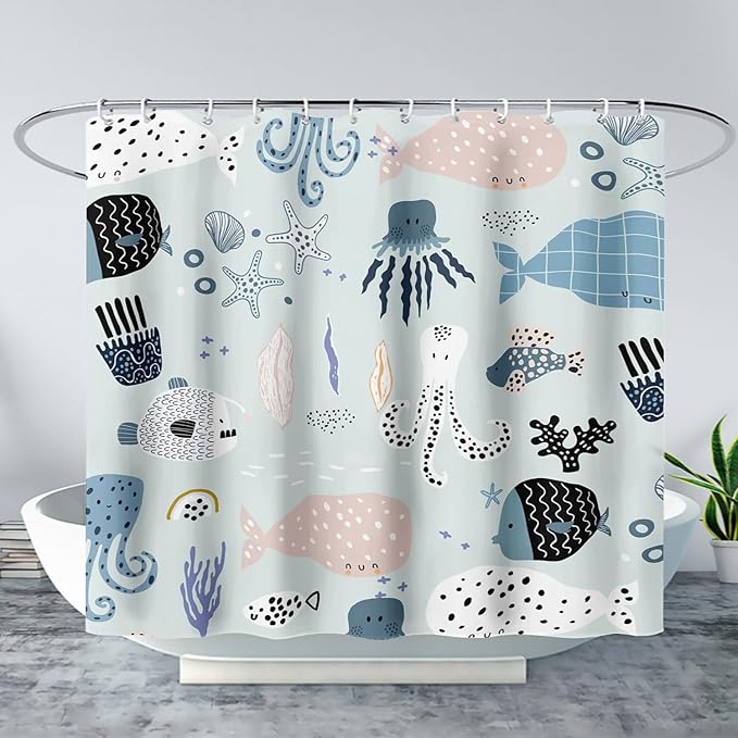 AILONEN Cartoon Ocean Life Shower Curtain for Kids 48" W*72" H Inch,Kawaii Fish Whales Octopuses Pattern Shower Curtain,Ocean Life Theme 12 Pack Hooks Polyester Waterproof Fabric Decor for Bathroom