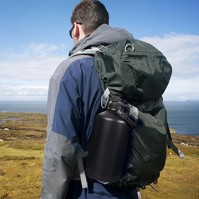 Gallon Water Bottle with Straw&Spout Lid, 128oz Stainless Steel Water Jug with Handle and Wide Mouth, One Gallon Vacuum Double Walled Jug for Sports, Outdoors, Leak-Proof. Black 128oz