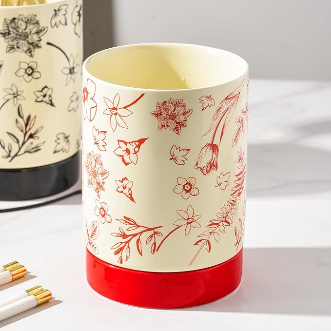 Small Utensil Holder for Kitchen Counter H5.9 x W4.1”, Ceramic Floral Cooking Utensil Crocks Countertop Organizer with Flowers