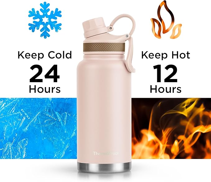 ThermoProof Double-Walled Vacuum Insulated Stainless Steel Water Bottle - Wide Mouth Canteen with Spout & Straw Lids, Dishwasher Safe, Reusable, Leakproof, BPA-Free - 32oz, Taupe