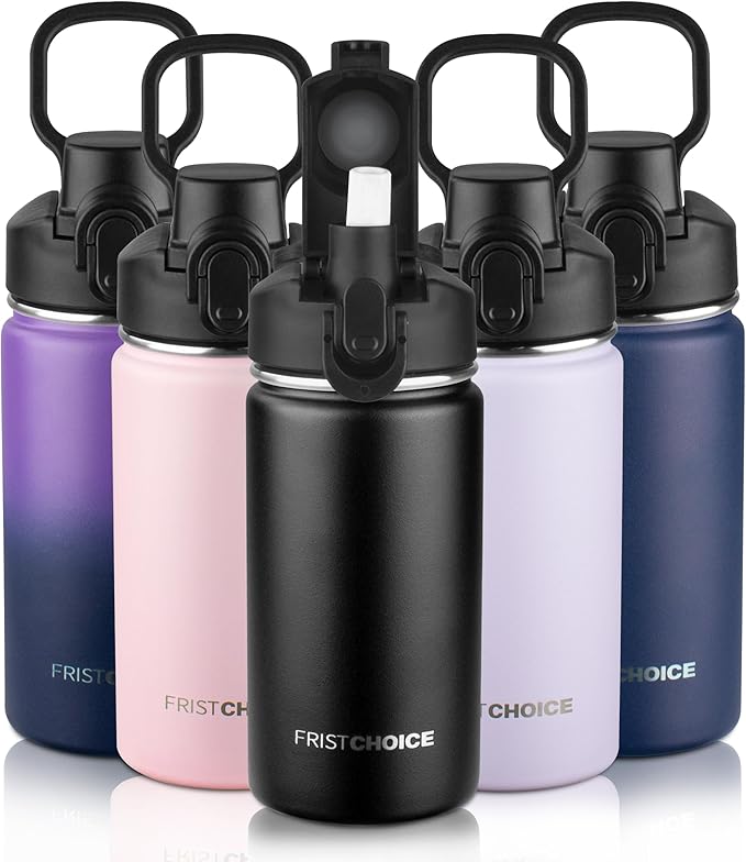 Kids Insulated Water Bottle with Straw,14oz Stainless Steel Water Bottle,BPA-free and Leak-proof,Double Wall Vacuum Water Flask for School,Gifts for Boys and Girls（14oz,Black）