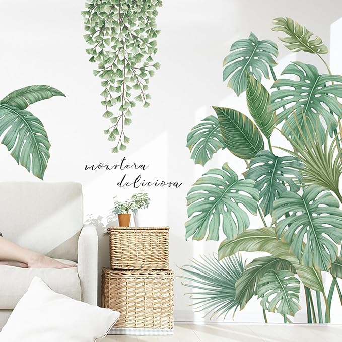 Green Plant Wall Stickers, Boho Tropical Plants Wall Decals for Living Room, DIY Wall Art Decor Murals Wallpaper Home Decorations for Living Room Bedroom Door Decor