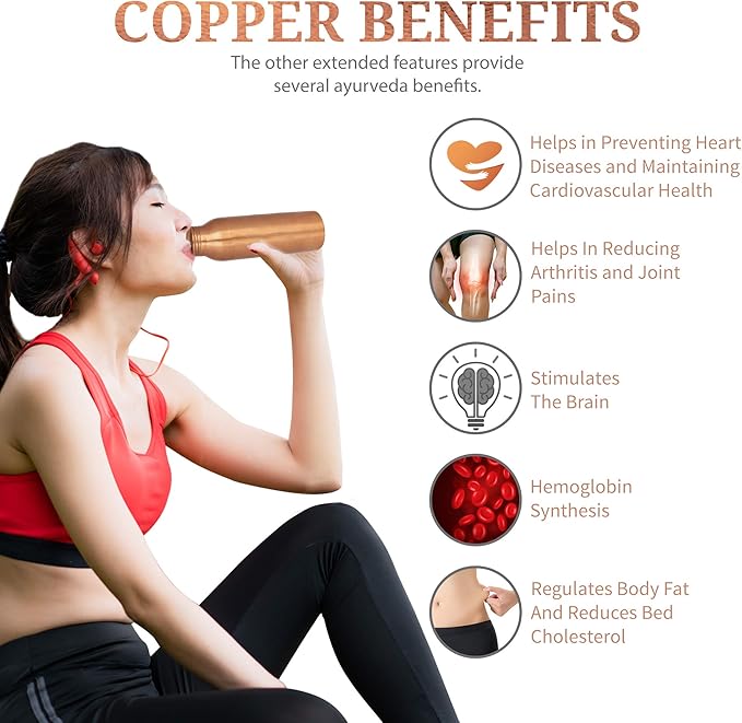 RAJRANG BRINGING RAJASTHAN TO YOU Modern Copper Water Bottle 16 oz Solid Vessel Ayurveda Health Pitcher Leak Proof Design Bottles for Sport Fitness Yoga