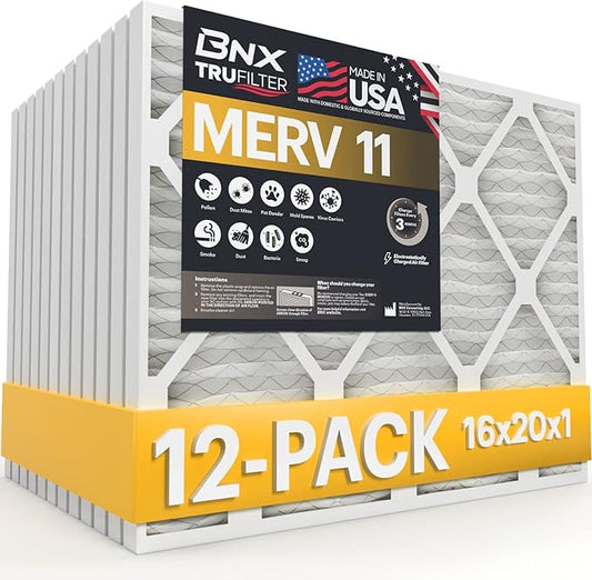 BNX 16x20x1 MERV 11 Air Filter 12 Pack - MADE IN USA - Electrostatic Pleated Air Conditioner HVAC AC Furnace Filters - Removes Dust, Mold, Pollen, Lint, Pet Dander, Smoke, Smog
