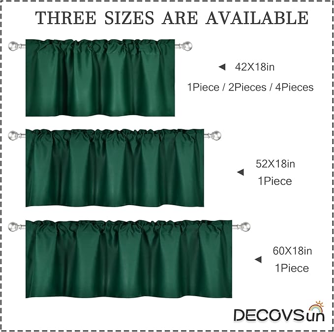 Deep Green Valance for Windows 52x18 Inch Solid Thermal Insulated Blackout Rod Pocket Kitchen Short Curtain Toppers Valance for Bathroom Living Room 1 Panel