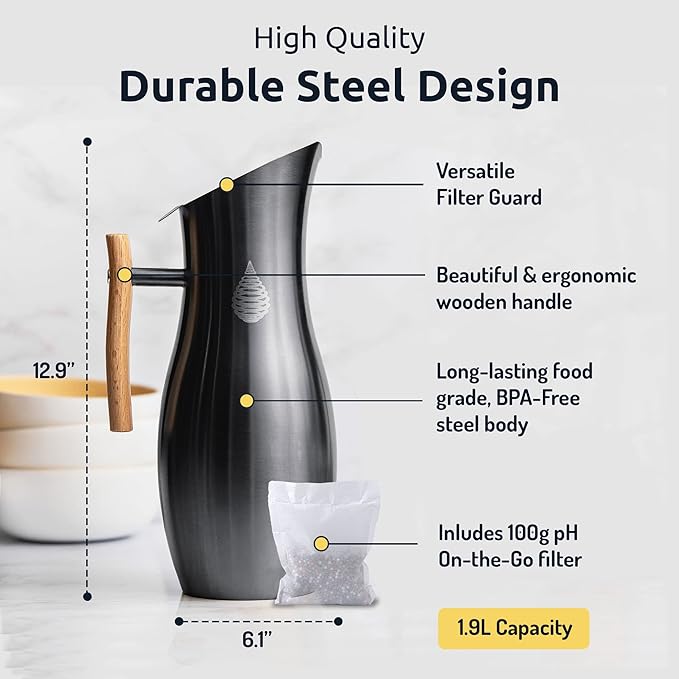 Invigorated Water pH Vitality Alkaline Water Filter Pitcher for Drinking Water Stainless Steel - Water Pitcher with Filter for Tap Water, High pH Filtered Purifier with Alkaline Filter - 1.9L (Black)