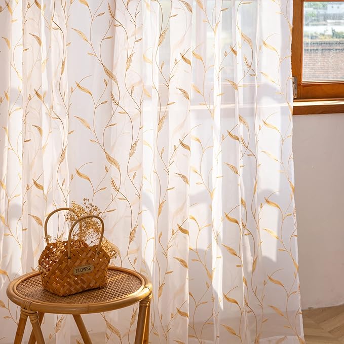 Windows Sheer Curtains Embroider Yellow Leaf 72 Inches Length 2 Panels Voile Light Filtering Sheer Curtains Panel Basic Rod Pocket for Bedroom Living Room Children Room