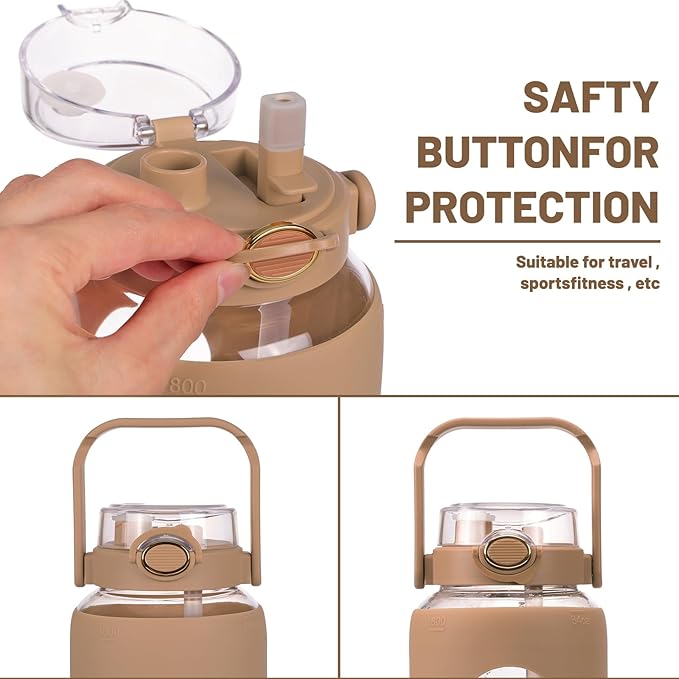 Moretoes 64oz Glass Water Bottle, Glass Bottle with Silicone Sleeve and Time Marker for Gym Home Office (Amber)