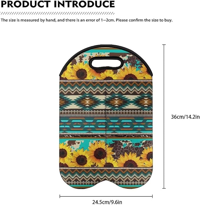 doginthehole Sunflower Insulated Wine Bag 2 Bottles Portable Wine Carrier Tote Aztec Tribal Geometry Print Wine Cooler Bag Champagne Bottle Holder Protective Sleeve