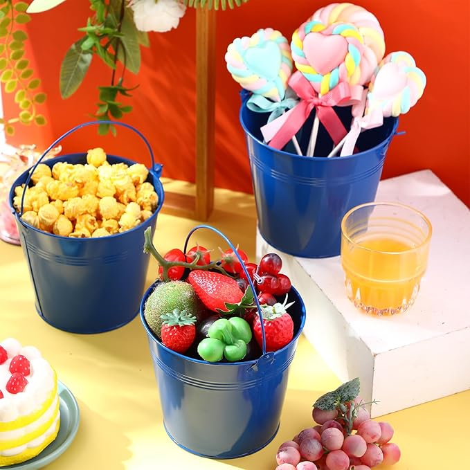 Rtteri 24 Pcs Metal Bucket, Small Metal Bucket, Party Favor Buckets with Handle, 6 x 5 Inch Ice Bucket for Kids, Flower Pot Plant Basket, Mini Toy Containers for Crafts Candy (Dark Blue)