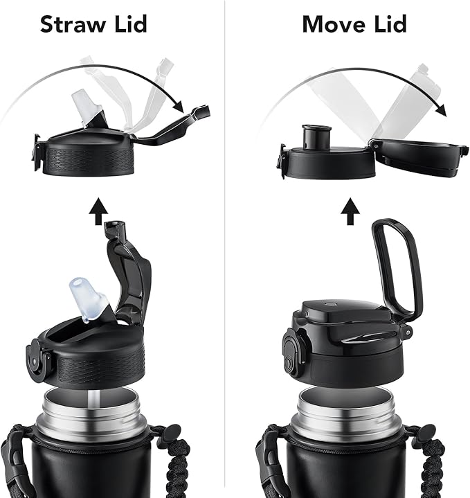 GOSWAG Insulated Sports Water Bottle, 24oz 2 Lids(with Straw/No Straw), Stainless Steel Water Bottles with Paracord Handle, Insulated Thermos with Double-Wall Vacuum Insulation