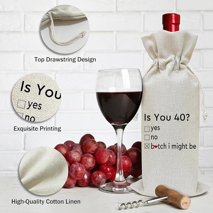 Birthday Wine Bag, Funny Wine Gifts for Women Men, 40th Years Birthday Gifts for Mom Wife Friend Bestie, Party Favor Wine Champagne Gift Bag With Drawstring -04