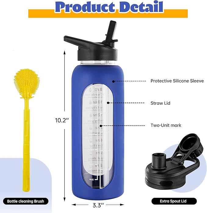SIEROZUR 32 oz Glass Water Bottle with Straw and Handle Large Sports Motivational Water Bottle with Time Marker and 2 Lids, Leakproof Reusable Water Jug with Silicone Sleeve for Gym