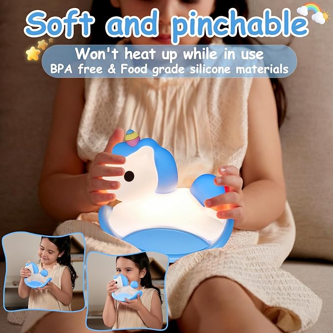 Unicorn Night Lights for Kids Bedroom, LED Squishy Unicorn Lamp with Wobbling Amusement, Silicone Dimmable Nursery Nightlight, Rechargeable Bedside Touch Lamp with 30min Timer, Blue