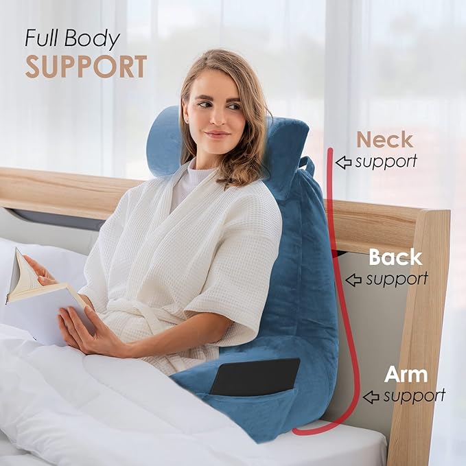Nestl Reading Pillow Large Bed Pillow, Back Pillow for Sitting in Bed Shredded Memory Foam Chair Pillow, Reading & Bed Rest Pillows Blue Heaven Back Pillow for Bed, Bed Chair Arm Pillow with Pockets