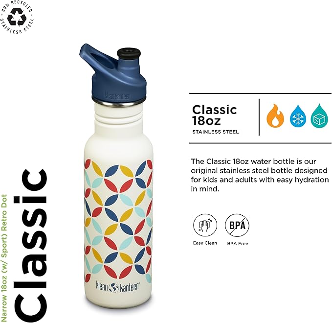KLEAN KANTEEN Retro Dot Sport Cap with Classic Water Bottle 18oz, 1 EA