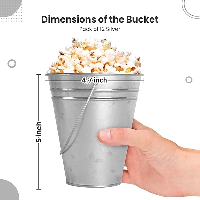 Galvanized Metal Bucket with Handle 12 Pcs- Metal Buckets for Party, Tin Buckets with erasable Stickers and Chalk Marker Silver Bucket 4.7" W x 5" H x 2.7" L