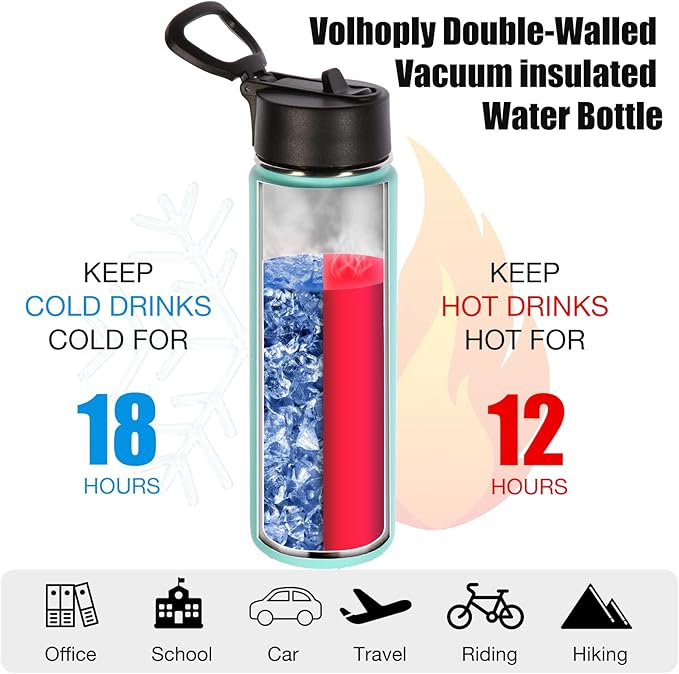 Volhoply 24oz Insulated Water Bottle With Straw Bulk 8 Pack,Metal Wide Mouth Water Bottles With Handle Lid Keep Cold,Reusable Double Wall Thermos,Powder Coated Sport Bottle For Holder(Mint,8 Count)