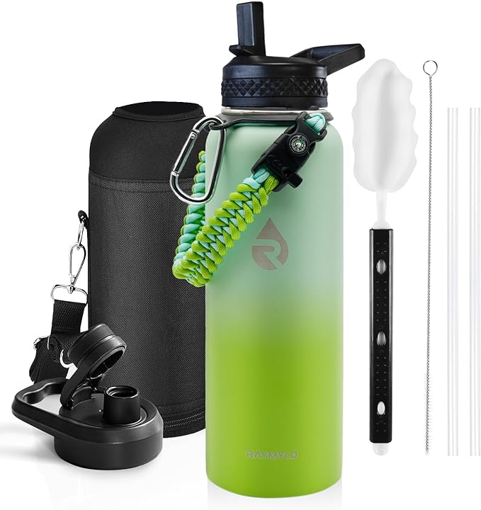 Insulated Water Bottle 40 oz, Triple Wall Vacuum Stainless Steel (Cold for 48 Hrs), Leak Proof & Non-BPA, Modern Water Flask Jug with Paracord Handle & Straw Spout Lids, Ombre Green