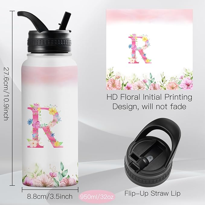 Personalized 32oz Water Bottle with Straw Customized Initial Letter Sport Bottles Monogrammed Initial Insulated Bottle Coffee Mug for Travel (R)