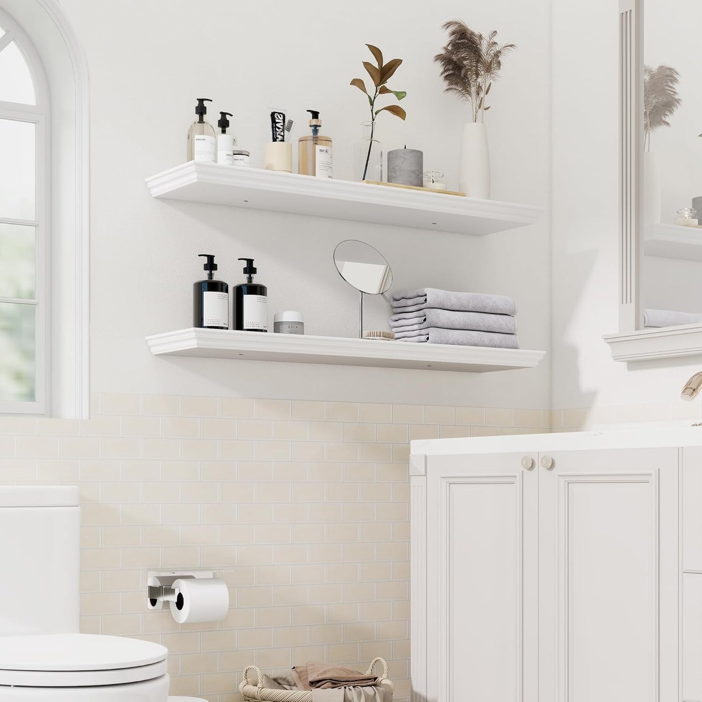 Floating Shelves for Wall, 36 Inch Long Wall Mounted White Hanging Shelf for Kitchen, Living Room, Office, Bedroom, Bathroom, Retro Vintage Wood Bookshelf for House Decor