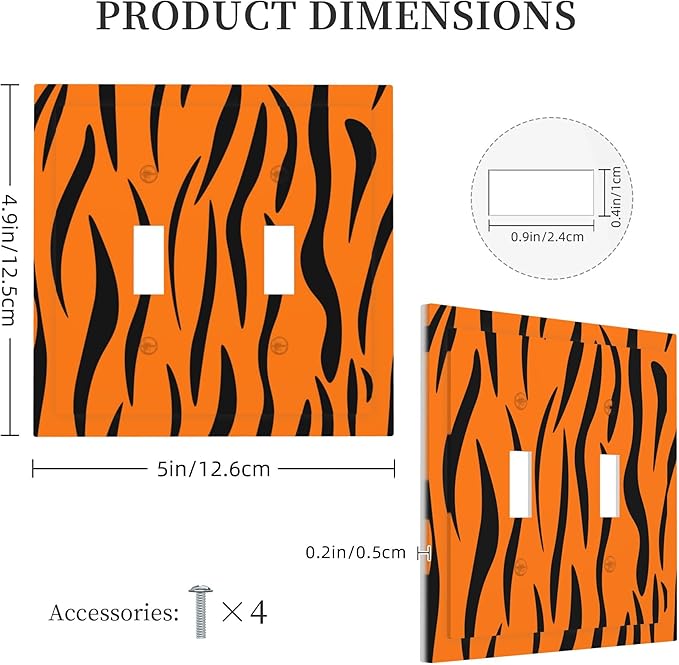Tigers Stripes Orange Double Toggle Light Switch Covers 2 Gang Wall Plate Dual Decorative Switchplate Electrical Faceplate for Bathroom Country Kitchen Bedroom Decor, 4.9" x 5"