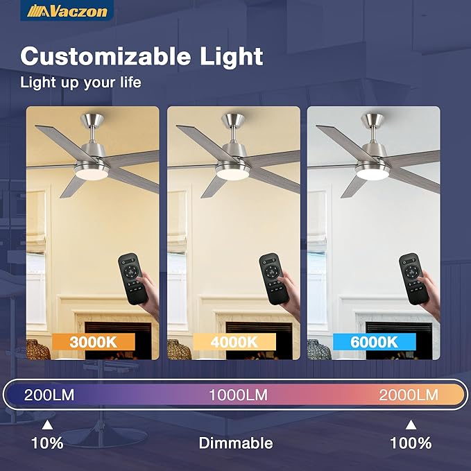 Ceiling Fans with Lights and Remote 52 Inch Modern Ceiling Fan with 6 Speeds, Dimmable LED, Reversible Noiseless DC Motor, Two-Color Blades, Cooling Fan for Bedroom, Living Room, Dining Room