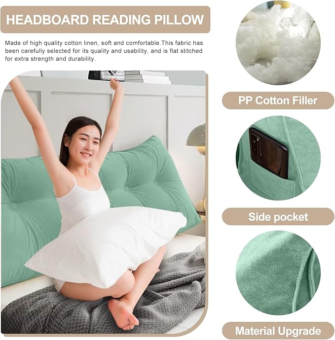Large Triangular Headboard Pillows Long Backrest Positioning Support Bolster Cushion for Daybed Fluffy Quality Plush Body Wedge Pillow with Removable Cover(Light green-24x8x20in)