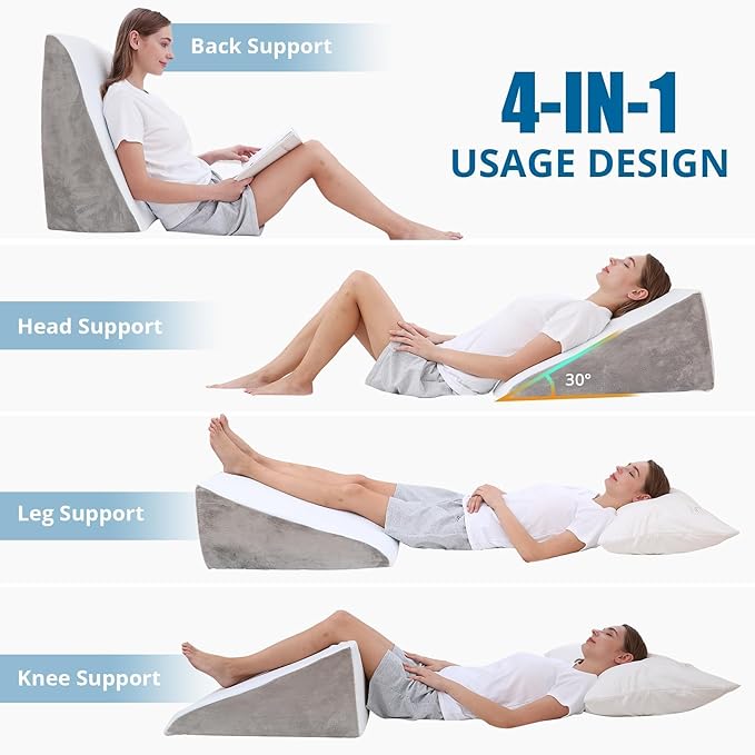 Sasttie Wedge Pillow for Sleep Apnea, 12 Inch Memory Foam Bed Wedge Pillow for Acid Reflux Relief, 30 Degree Triangle Incline Pillow Wedge for Sleeping with Removable Cover, Light Grey