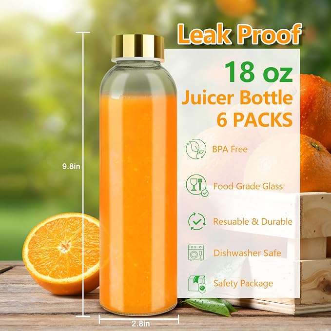 Glass Juice Bottles with Lids for Juicing 18 oz, Reusable Clear Glass Water Bottles with Stainless Steel Airtight Cap for Refrigerator, 100% Leak Proof, BPA Free, Set of 6, Gold