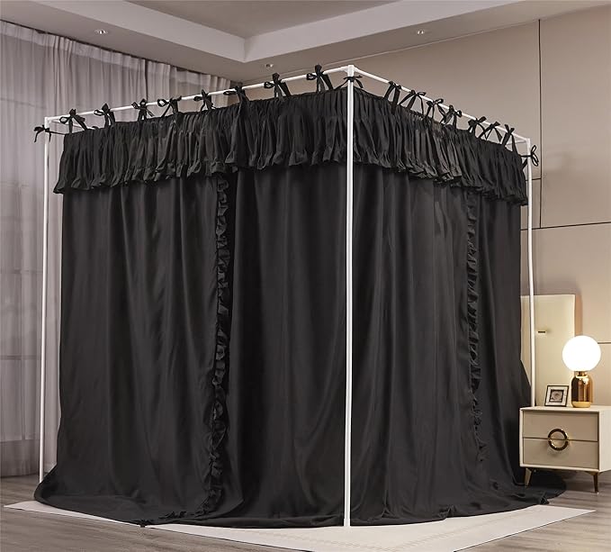 4 Corners Post Princess Ruffle Curtain Bed Canopy Lace Up Elastic Cozy Breathable Tent Mosquito Net for Girls Bedroom Decoration(Black, 59-64" W*82" L*82" H/Queen)