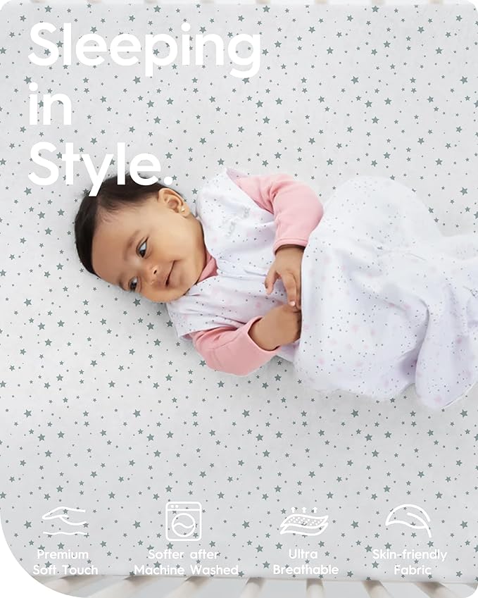 Crib Fitted Sheet Star, Super Stretchy Jersey Crib Sheets, Buttery Soft Boy Crib Mattress Sheets, Ultra Breathable Baby Bed Sheets 28x52x9 Extra Deep Pocket, 2 Pack