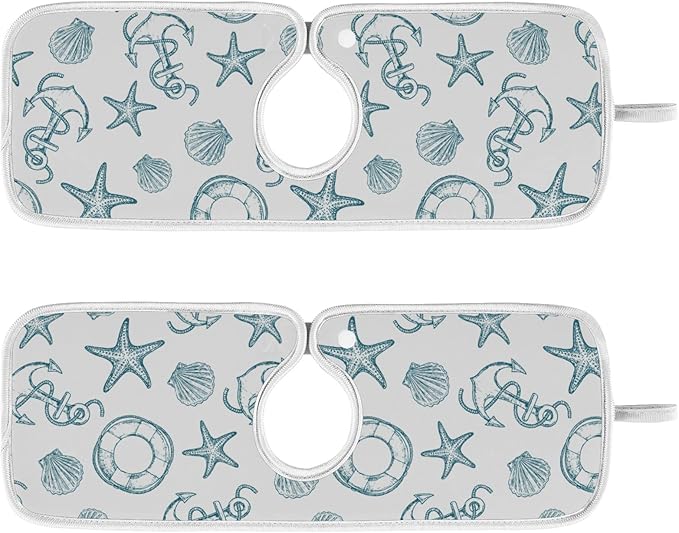 Coastal Starfish Shell Faucet Water Catcher Mat 2 Pack Seashell Ocean Nautical Theme Drying Mat Absorbent Bathroom Faucet Handle Drip Catcher Tray Bar RV Kitchen Sink Splash Guard 14x5 Inches
